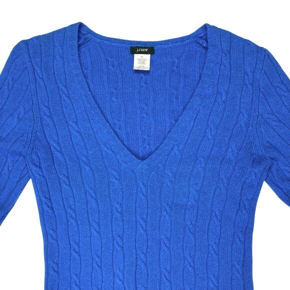 J. Crew Sweater Womens M Blue Cable Knit V Neck Wool Cashmere Preppy Winter Wear - Picture 2 of 13